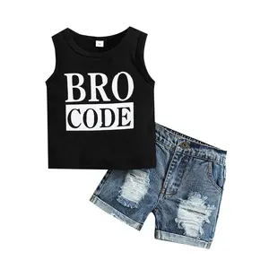 Toddler Baby Boys 2Pcs Summer Outfits Set Sleeveless Vest Bro Code Print Tank Tops Ripped Denim Shorts