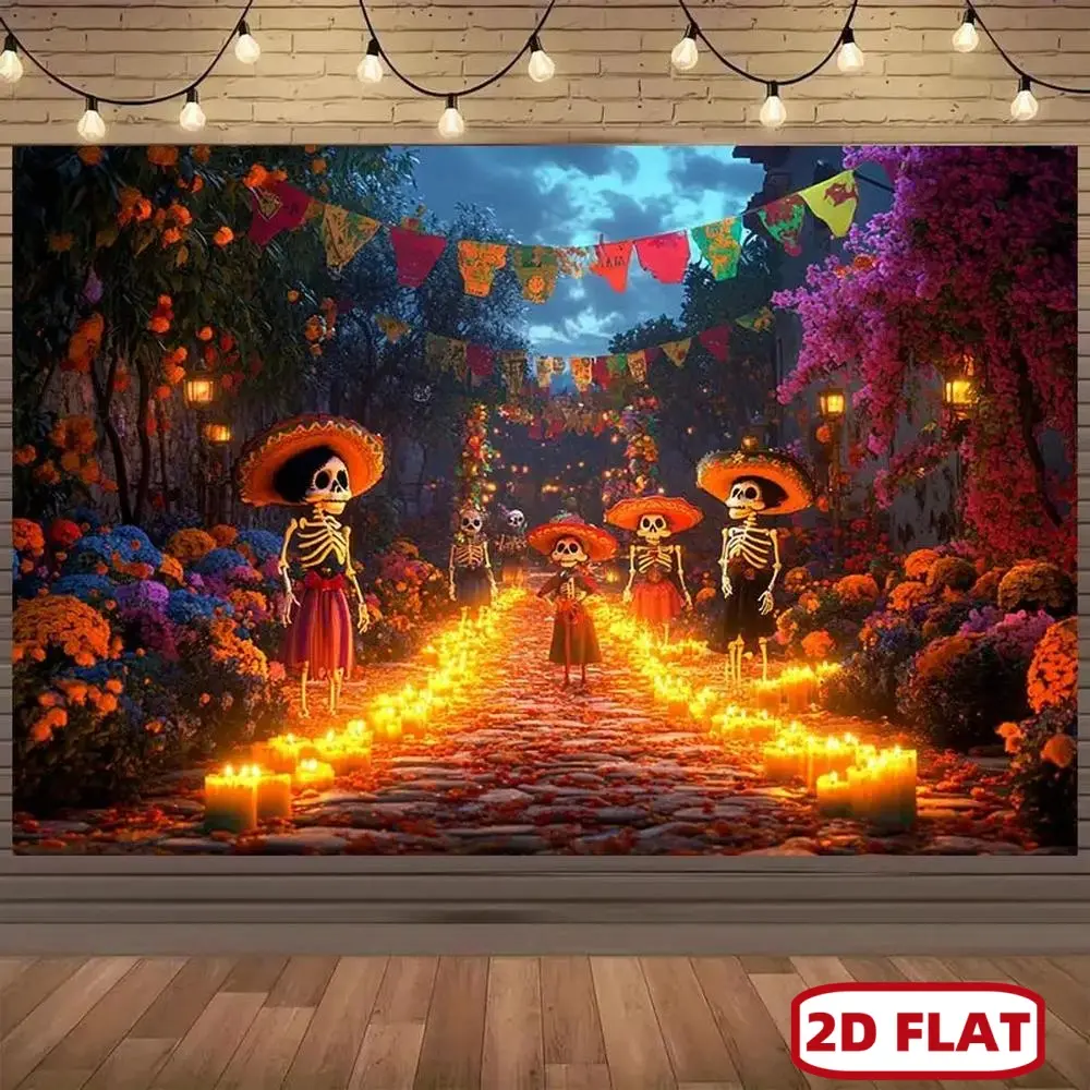 1pc Rectangular Soft Texture Mexican Day of the Dead 2D Flat Backdrop Banner - Dia de los Muertos Decor with Skeletons, Floral Designs, Papel Picado, Marigold Garland & Calaveras - Includes Adhesives, Banners