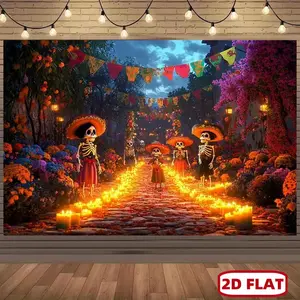 1pc 2D Flat Mexican Day of the Dead Backdrop Dia de los Muertos with Skeletons, Floral Designs & Papel Picado - Vibrant Party Decorations with Marigold Garland & Calavera Patterns - with Adhesi