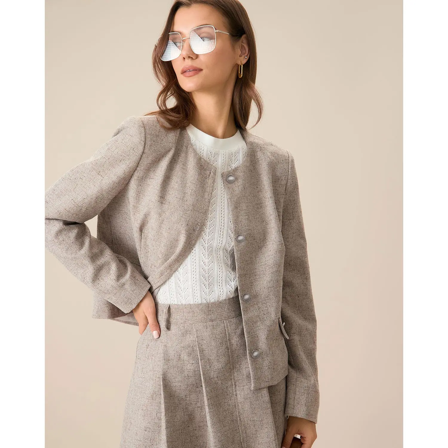RIHOAS Women's Khaki Formal Fitted Round Neck Long Sleeve Single Breasted Jacket Polyester Spandex Fabric, Lightweight Office Outfits Women, Corporate Office Wear, Layering Outfits Minimalist Outerwear