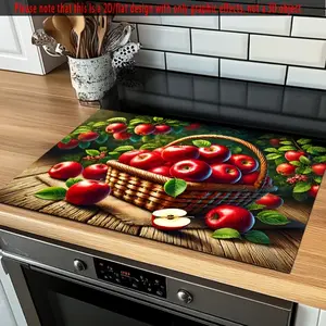 Apple Basket Pattern Anti slip and Heat resistant Polyester Stove Cover - Decorative flat oven cover suitable for gas and induction cookers, durable kitchen protection and decoration, rustic design, oven mat, stove sink absorbent mat