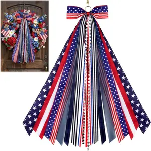 YKW Patriotic Wreath Sash for Front Door, 27.5" 9 Assorted Ribbon Bundle with Star Charm, 4th of July Clip-On Bow Red White Blue for Indoor Outdoor Memorial Day Independence Day Decor