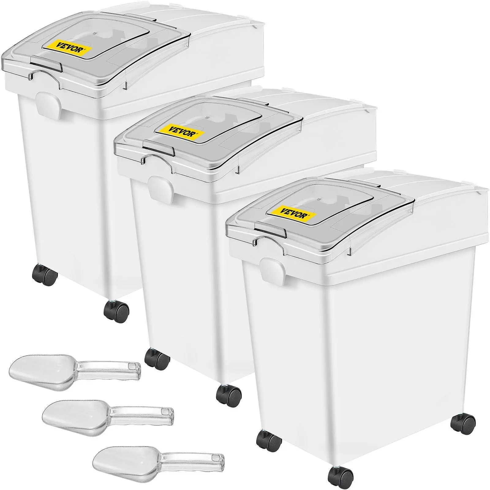 【Summerfinds】VEVOR Ingredient Bin, 6.6 Gallons Capacity Ingredient Storage Bin, 3 Pcs/Set, PP Material Flour Bins On Wheels, White Shelf Ingredient Bin with Scoop and Sliding Lid, Commercial Storage