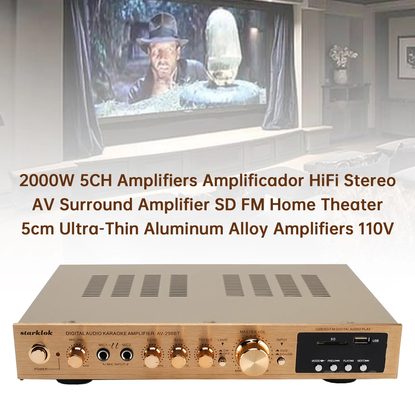 2000W Peak Power Amplifier 5CH HiFi Stereo AV Surround Amplifier SD FM Home Theater  Ultra-Thin Aluminum