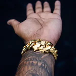 Heavy Mens Soild Cuban Link Chain Bracelet Brass Stainless Steel Miami Bangle 14k Gold Plated Hip Hop Jewelry Gift