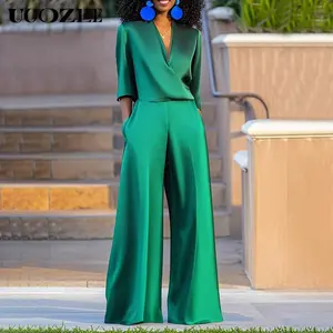 UOOZEE Women's Loose Three-quarter Sleeve Solid Color Pockets V-neck Jumpsuit, Silky and Comfortable Fabric with Drape and Lazy Style Zipper Jumpsuit One Size Up Recommended for C - Cup and Above