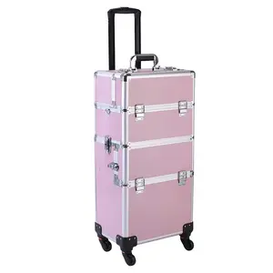 3-in-1 Rolling Makeup Train Case - Large-Capacity Aluminum Cosmetic Trolley with Key, Shoulder Strap, 360° Wheels, Travel Organizer for Beauticians, Pink