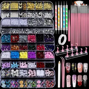 Complete Nail Art Kit for Beginners & Pros – 5 Boxes Nail Charms & Rhinestones Set with 15 Brushes, Dotting Tools, Magnetic Nail Stand & Wax Pencil for DIY Acrylic & Press-On Nail Design, Salon Quality Nail Decoration Kit
