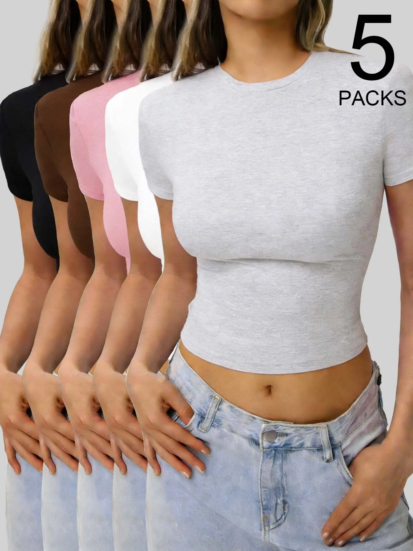 5/3/1 Pack Women’s Basic Crop T-Shirts, Slim Fit Crew Neck Short Sleeve Tops, Casual Stretchy Tees for Daily Streetwear, Y2K Style Vibe Summer Outfits