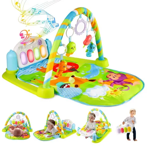 Baby Play Gym Mat with Detachable Piano, Kick Activated Musical Activity Center with Lights, 5 Hanging Toys Including Mirror, Tummy Time Floor Playmat, Baby Shower Gift for Boys and Girls