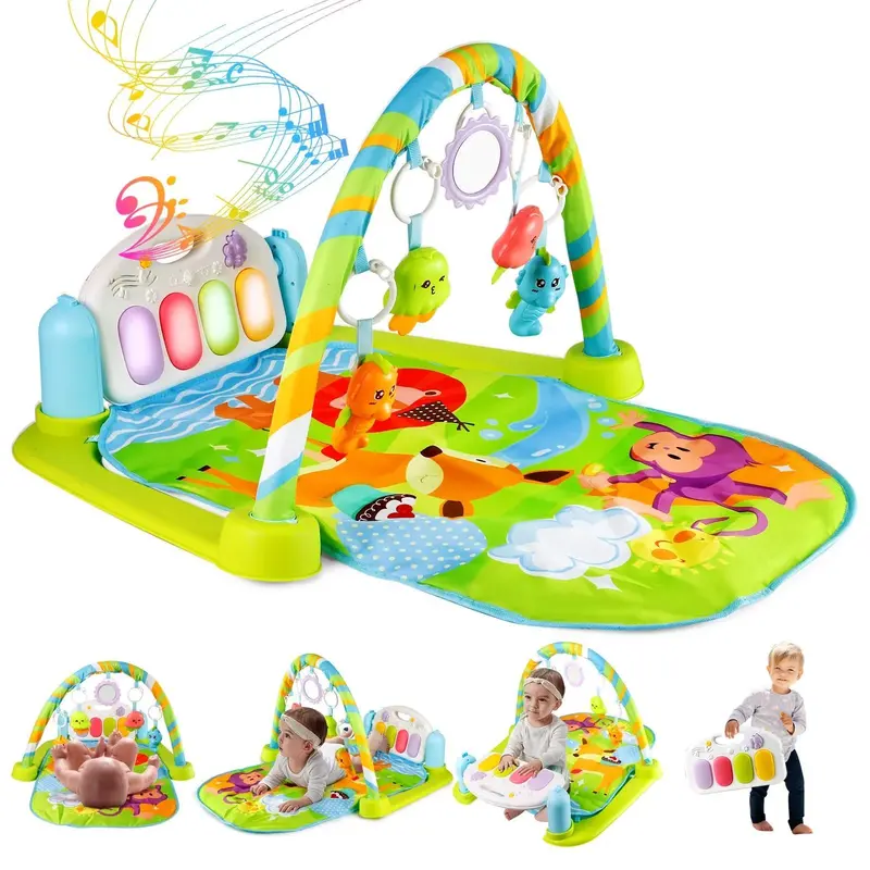 Baby Play Gym Mat with Detachable Piano, Kick Activated Musical Activity Center with Lights, 5 Hanging Toys Including Mirror, Tummy Time Floor Playmat, Baby Shower Gift for Boys and Girls