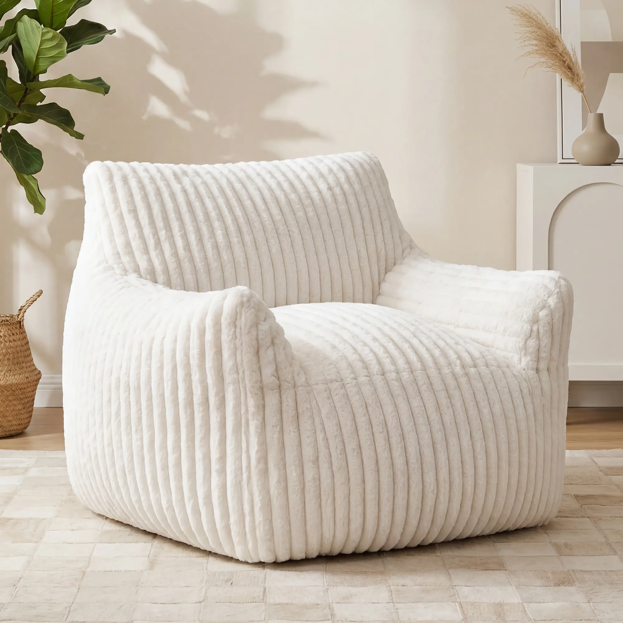 Ultra Soft Vertical Striped Faux Fur Bean Bag Chair, High Density Shredded Foam Filled Oversized Lounge Chair, Cozy Accent Chair for Bedroom Reading Nook Living Room Gaming Corner