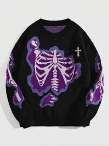Unisex's Halloween Themed Skeleton Print Drop Shoulder Sweater, Loose Street Long Sleeve Round Neck Jumper for Fall & Winter, Fashion Unisex's Knitwear for Daily Wear