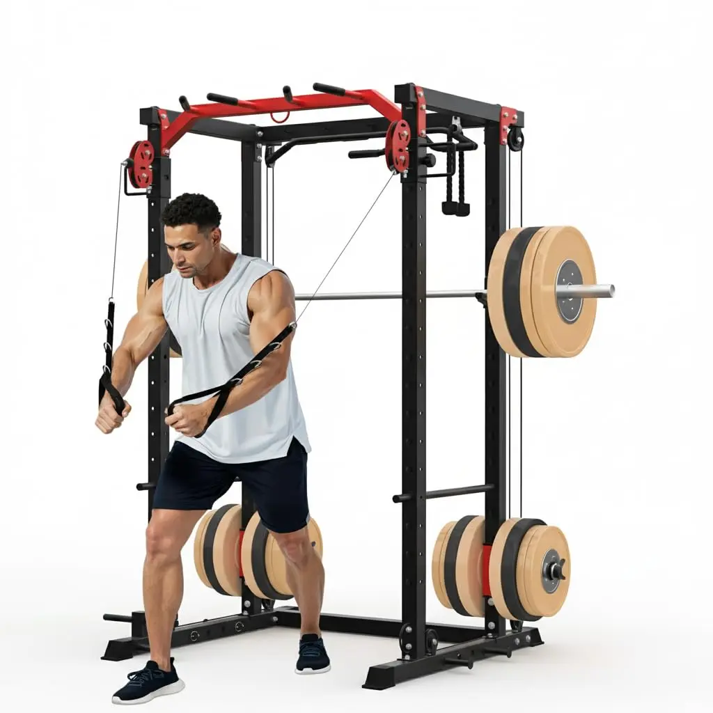 2000LBS Heavy Duty Power Cage with Dual Independent Pulley System, Train 2 People Multi-Functional Squat Rack for Home Garage Gym, Weight Cage with LAT Pulldown Cable Crossover Cages 360° Landmine 2 Accessory Sets