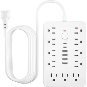 6 FT Flat Plug Surge Protector Power Strip,11 Multiple AC Outlets with 6 USB Ports (2 USB C), 6  Extension Cord, 1250W/10A, One Touch  Button, 17 in 1 Compact powerstrip-White
