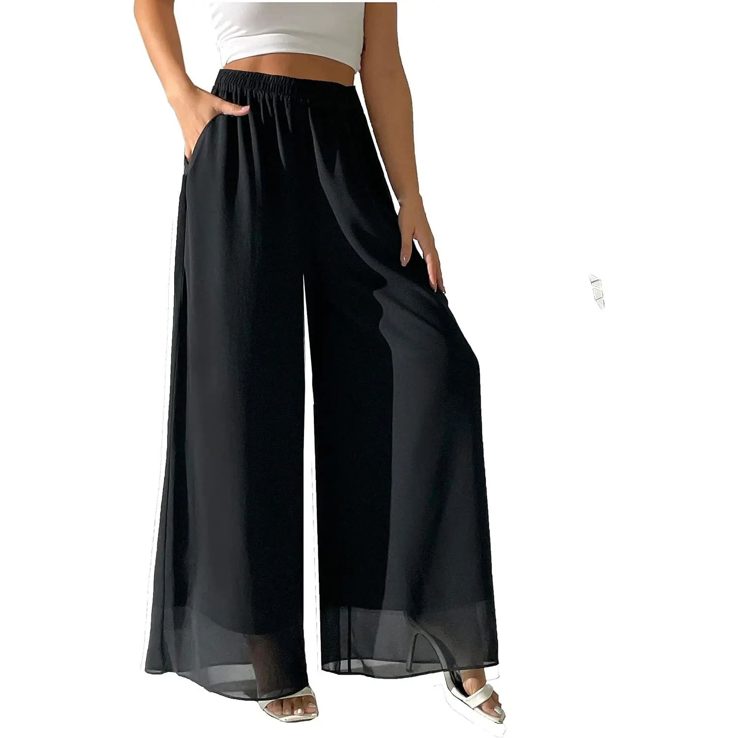 Women's Elastic Waist Loose Fit Chiffon Wide Leg Beach Palazzo Pants, Comfortable Slacks
