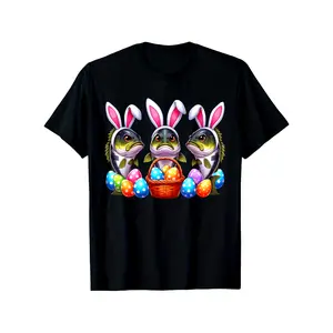 Easter Bunny Bass Fishing Graphic Tee - Three Bass Hunting Easter Eggs in a Basket Design, 100% Cotton Soft Short Sleeve T-Shirt for Men & Women, All-Season Casual Outdoor Wear Crewneck Fabric