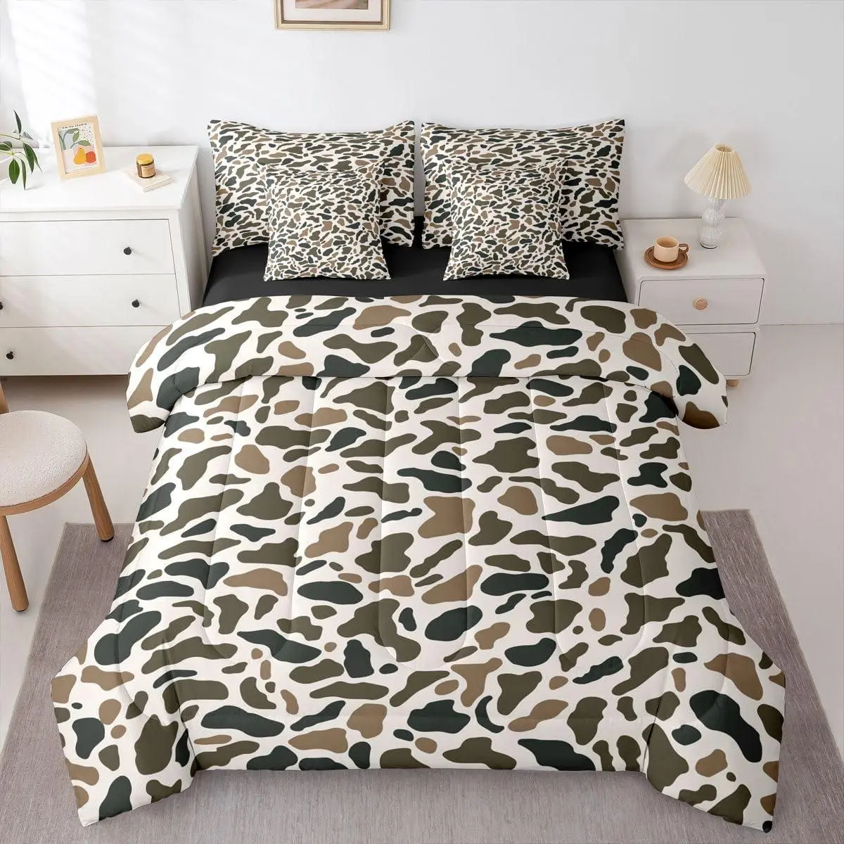 Camo Comforter Set with Sheets Black White 7 Pieces Bedding Set Wild Hunting Bed in a Bag Farmhouse Cabin Rustic Room Decor Animal Soft Lightweight Microfiber