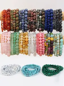 4pcs Natural Stone Boho Chic Crystal Elastic Bracelets Set, 4/6/8/10mm Boho Handmade Jewelry Energy Healing Balance Bangles, Ideal Party Gift