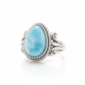 Larimar Pear Ring Rhodium 925 Sterling Silver 11x15mm Rope Edge Sizes 6-10