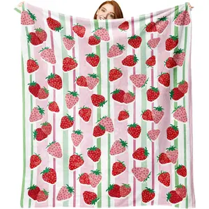 Pink Strawberry Flannel Throw Blanket, Fruit Red Green Stripes Birthday Gifts for Kids Girls Women Adults Teen, Spring Summer Soft Blankets for Bedding Sofa 50" x 60"