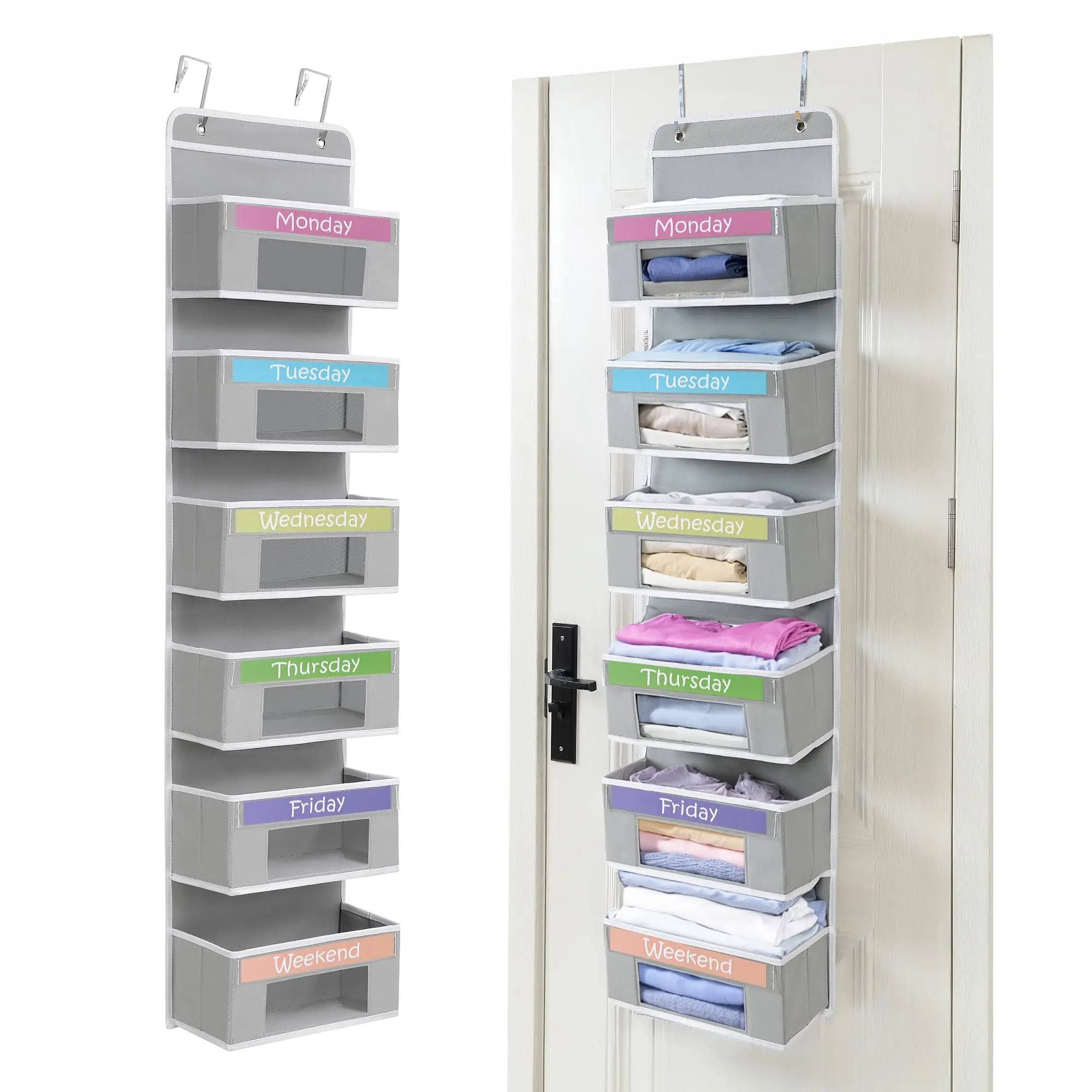 Houseables Weekly Clothes Organizer for Kids, Days of the Week Clothes Organizer, Kids Closet, Daily Outfit Storage, Monday through Friday Clothing, Weekday, M-F, School, Hanging, Over Door