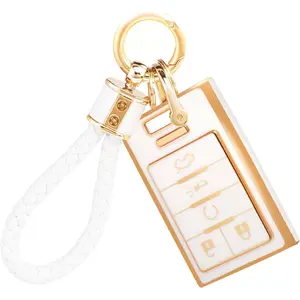 for Cadillac Key Fob Cover with Keychain, Key Fob Case Cover Fits for Cadillac SRX ATS Escalade XT4 XT5 XT6 XTS CTS STS CT6 Chevrolet C7 Corvette Car Accessories Smart Key, Gopld White