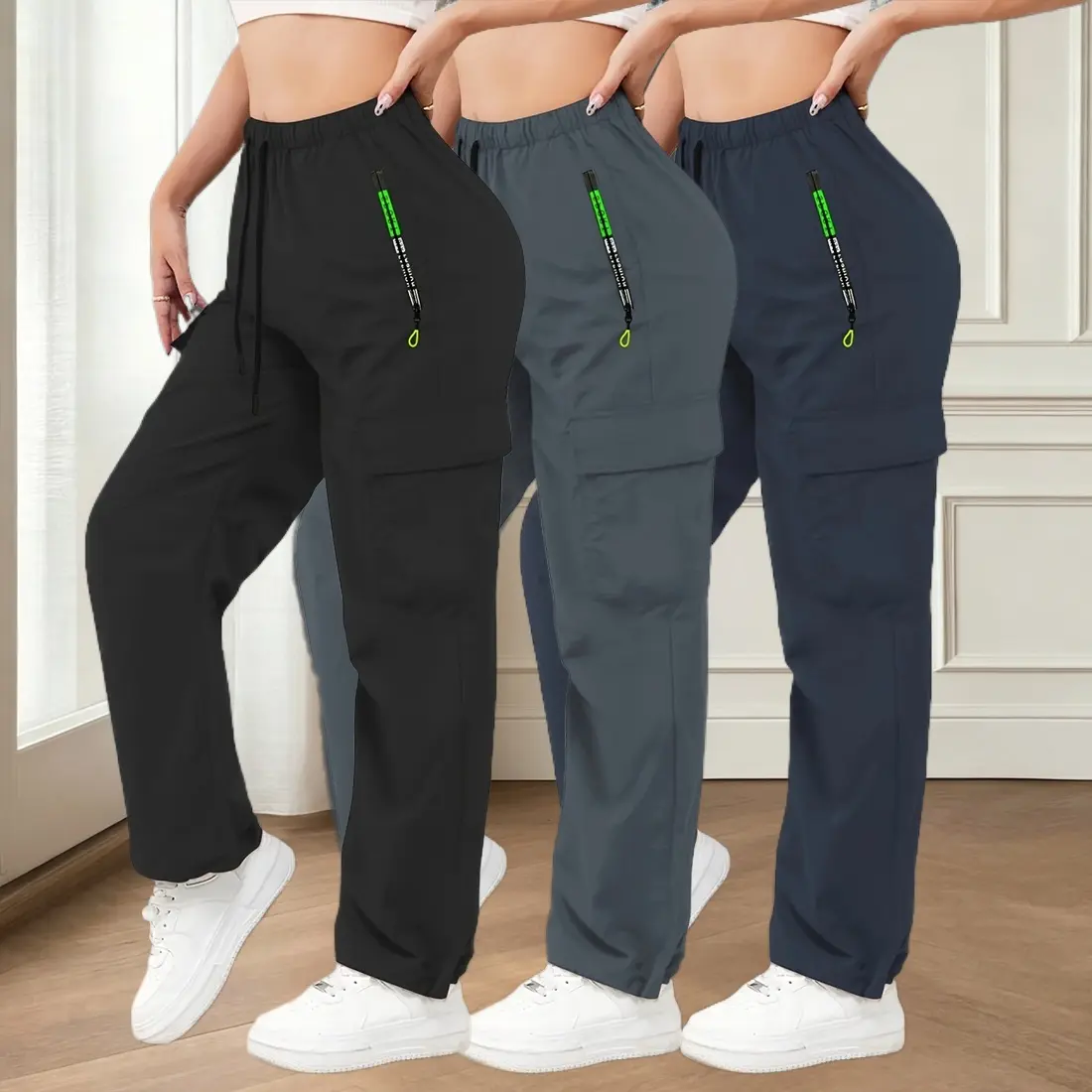 3-pack comfortable stretch-waist women’s cargo pants for spring and autumn, featuring zippered pockets and a stylish large pocket design, along with a drawstring elastic waistband; casual long pants suitable for outdoor and everyday wear.