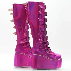 Women's Glossy Pink Round Toe Wedge Platform Belt Buckle Stage Party Boots
