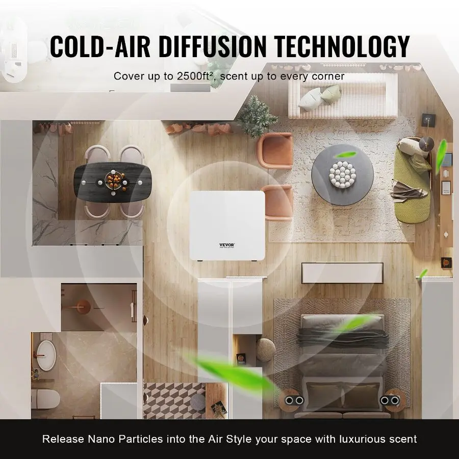 VEVOR Scent Air Machine, 480ml Bluetooth Smart Essential Oil Diffuser, 2500sq. ft Waterless Scent Diffuser with Cold Air Technology, Aromatherapy Diffuser Machine for Home, Office, Hotel, Spa