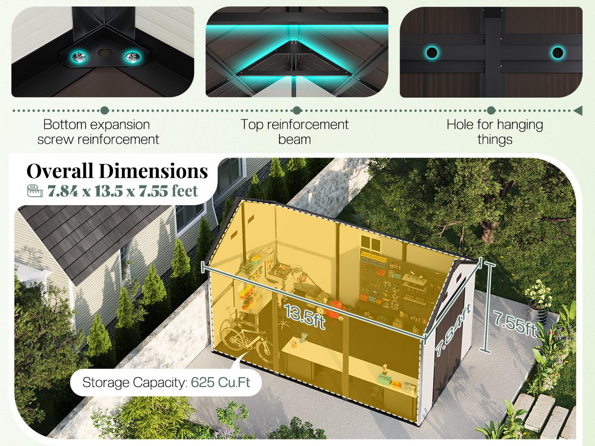 [Ships in 4 Boxes] AMERLIFE 8x13.5 FT Resin Storage Shed with Floor, Lockable Outdoor Storage Shed with Windows, Vents, All-Weather Use Plastic Structure for Garden, Backyard, Patio, Lawn – White & Brown