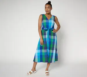 Isaac Mizrahi Live! Petite Madras Plaid Midi Dress with Self Belt