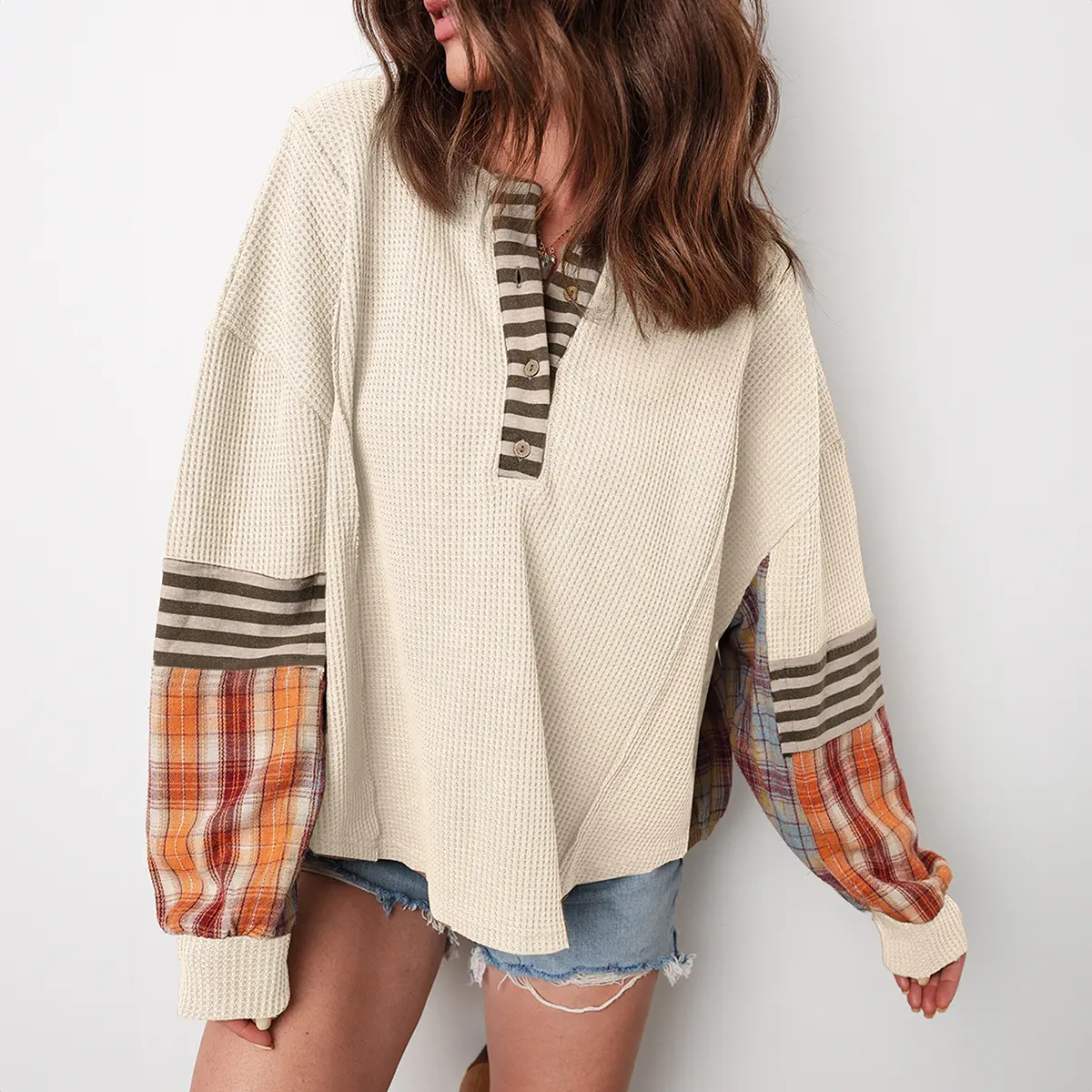 Women's Comfy Casual Retro Henley Top, Long Sleeve Waffle Knitwear Shirt with Striped Plaid Patchwork and Crew Neck, Longsleeves, Style, Everyday, Fashion Apparel, Casual Chic, Loose Fit, Stripe Plaid
