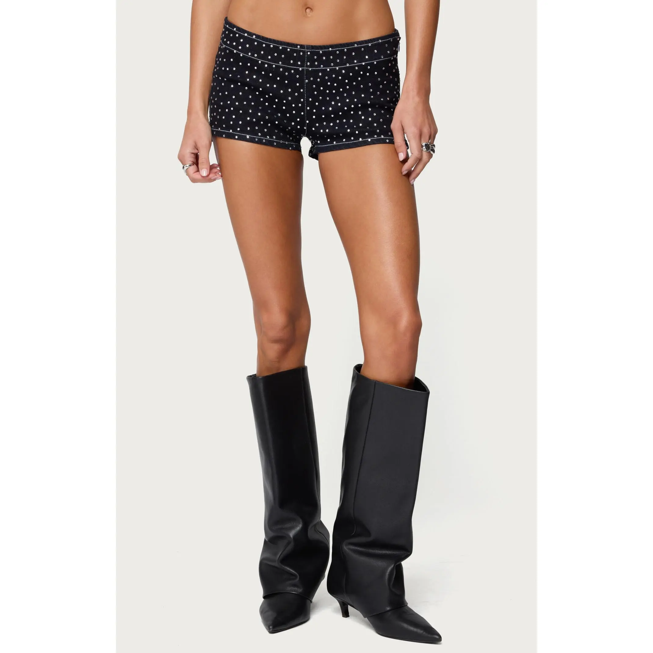 Edikted Women's Moirah Rhinestone Denim Micro Shorts