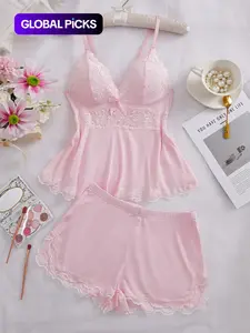 Women's Solid Color Lace Trim Cami Top & Shorts Pyjama Two-piece Set, Casual Comfy Soft Camisole & Shorts PJ Set Pajamas, Women's Sleepwear & Loungewear for All Seasons, Lingerie