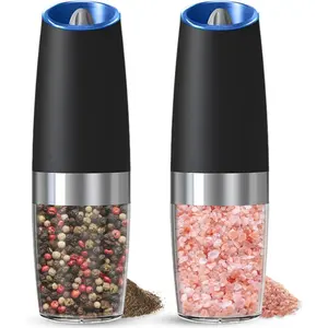 Gravity Electric Salt and Pepper Grinder set of 2, Automatic Salt And Pepper Grinder Set, Adjustable Roughness, LED Light, 2 Pack Set, (Black)