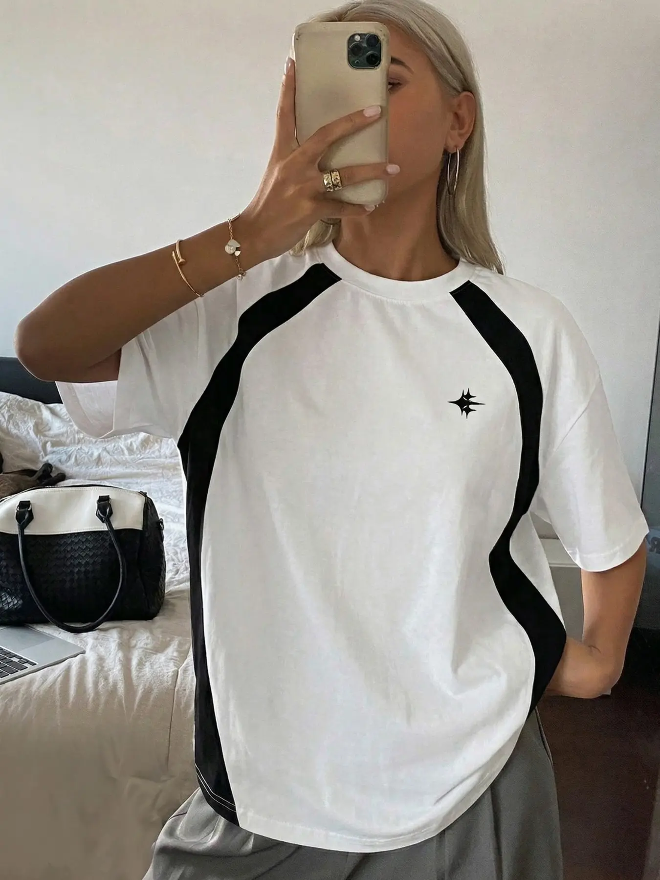 White Black Color Block Raglan Oversized Tee - 2026 Trending Retro Sporty Outfit Active Wear, Activewear T Shirt, Workout Summer Clothes, Soft Cotton Perfect for Daily & Commute