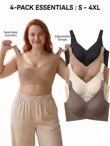 4PCS Seamless Ribbed Jelly Bras, Wirefree Push Up Full Coverage Comfort Everyday Bralette, Plus Size Ultimate Lift Cool Sleep Bra No Padded Underwire
