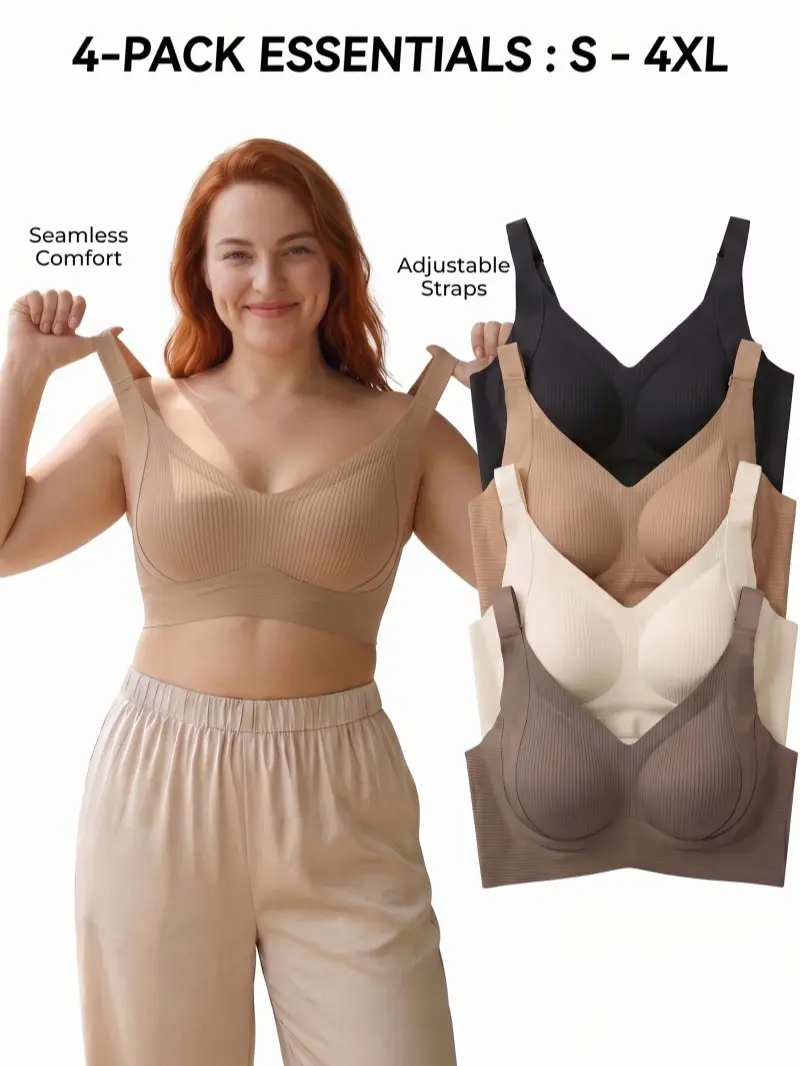 4PCS Seamless Ribbed Jelly Bras, Wirefree Push Up Full Coverage Comfort Everyday Bralette, Plus Size Ultimate Lift Cool Sleep Bra No Padded Underwire