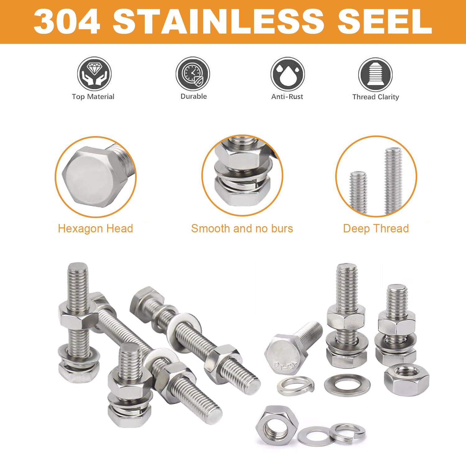 VKKM 144Pcs M5 Hex Head Bolts Assortment Kit, 304 Stainless Steel M5×10/M5×12/M5×16/M5×20 Screws with Hex Nuts, Flat Washers & Lock Washers, Metric Hardware Fastener Set for Automotive, Machinery, Equipment Repair & Industrial Fastening