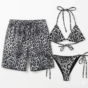 Grey Leopard Couple Swimsuit | 2-Piece Women's Bikini + Men's Summer Shorts | Matching Safari Beachwear Set