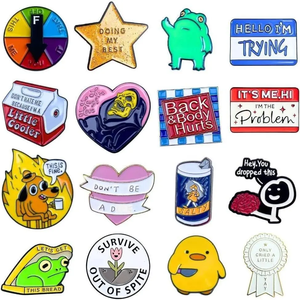 16pc Enamel Pins Set, Cute Cartoon & Meme Assortment for Teens & Adults, Vibrant Metal Novelty Brooches for Backpacks, Jackets, Everyday Wear, Graphic, Casual, Letter Print, Assorted, Unisex, Metal Enamel