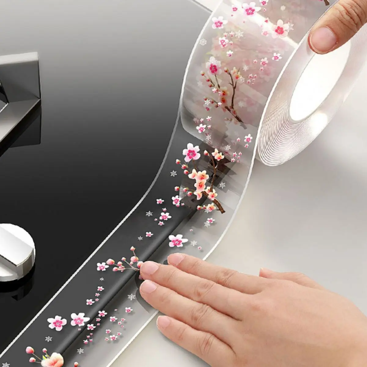 Cherry Blossom Print Transparent Sealing Tape Waterproof Mildew Proof Self‑Adhesive Strip for Kitchen Bathroom Toilet Gap