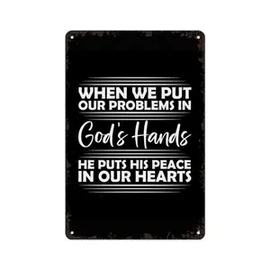 Religious Christian Metal Sign "When We Put Our Problems In God's Hands", 8x12 Inch Vintage Tin Sign, Faith-Based Decor for Believers