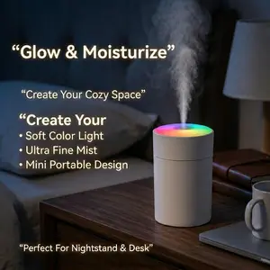 Mini  Cool Mist Humidifier with Colorful LED Atmosphere Night Light, 200ML Portable Desktop Humidifier, USB Rechargeable Quiet Ultrasonic Humidifier, One Key Operation Small Personal Humidifier for Bedroom Office Dorm Desk Home Bedroom Decor