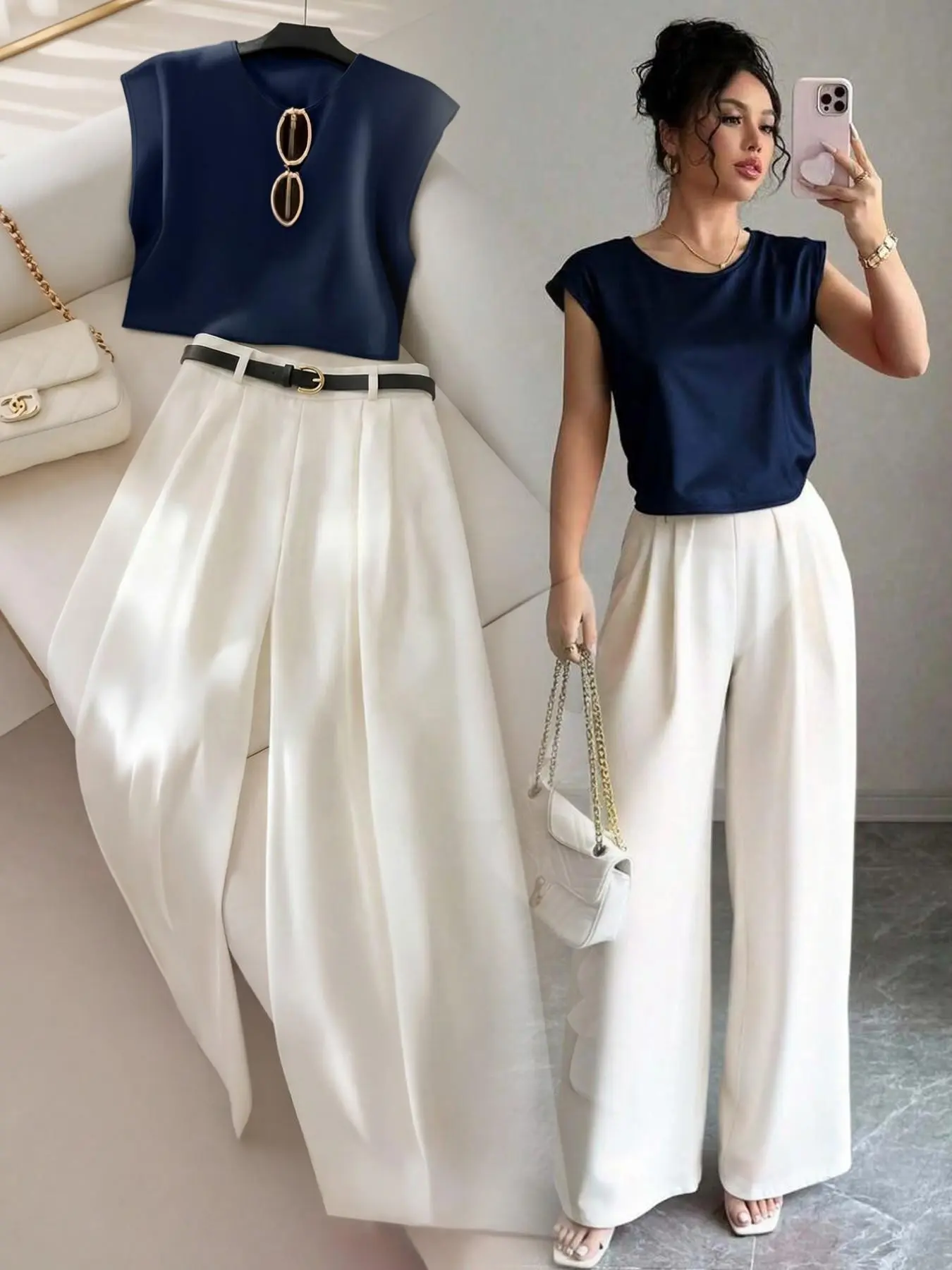 Women's Spring Summer New Round Neck Sleeveless Fitted Top Low Waist Decorative Straight Leg Pants Set, Casual Office Fashion Womenswear Fitted Clothing Set Fashion Clothes Set
