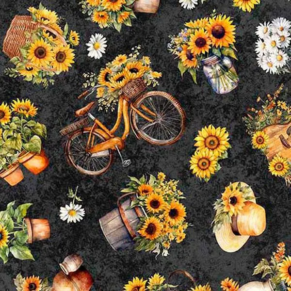 Fabric QT Charcoal Sunflowers & Bikes Sunflower Serenade by the Quarter Yard 31803-J