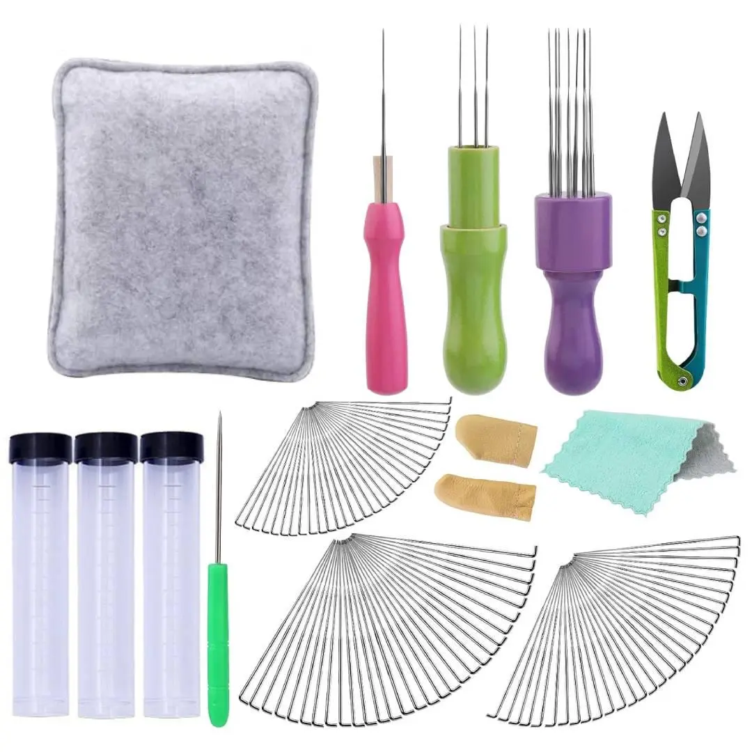 99 pcs Poke Le Felt Tool Set, including wooden handle poke needles, thick felt pads, spare needle sets, finger guards, and accessories, suitable for beginners and skilled craftsmen to DIY wool dolls