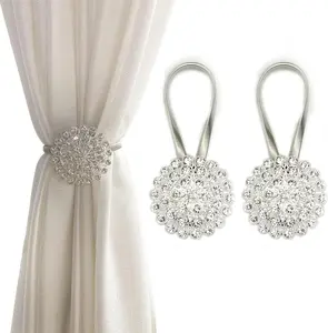 2PCS Silver Magnetic Curtain Tiebacks with Sparkling Crystal Flowers,Decorative Buckle Clips & Rope Straps for Holding Curtains,Ideal for Bedroom & Living Room Home Decor