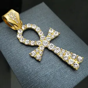MaxBling81 14K Gold Plated Large Egyptian Ankh Cross Charm Pendant, Hip Hop Jewelry with Cubic Zirconia Iced Accents